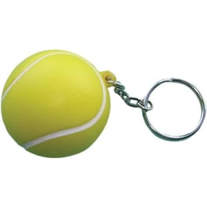 A yellow tennis ball keyring stress item with a silver keyring attachment.