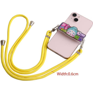 A phone lanyard featuring a colourful design and a yellow strap, attached to a pink phone.