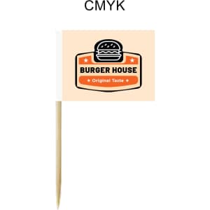 A set of paper flags with a burger logo and orange accents, mounted on wooden sticks.