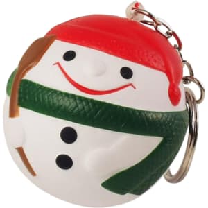 A snowman-shaped stress item in white with a red hat and green scarf, attached to a keyring.