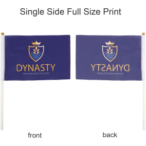 A rectangular cheering flag stick with a purple flag featuring a logo in gold on both sides.