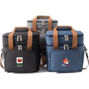A set of three 10L cooler bags in black, grey, and blue, featuring various logos and brown straps.