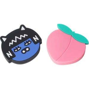 A custom-shaped PVC wireless charger in the shape of a black cat and a pink peach with green leaves.