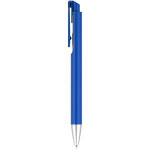 A blue plastic pen with a silver tip and a clip, featuring a simple design and a branding logo.