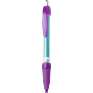 A purple and blue banner pen with a transparent body and a matching grip, featuring a logo.