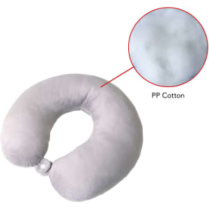 A U-shaped travel pillow in pale grey, made of soft fabric and filled with PP cotton, featuring a small button closure.