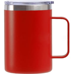 A red stainless steel cup with a handle and a clear lid, available in multiple sizes.