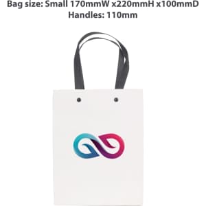 A small white vertical paper bag with a knitted handle and a multi-coloured logo design.