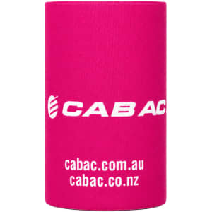 A pink stubby holder featuring a logo, designed to fit standard drink bottles.