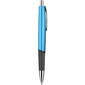 A plastic pen featuring a shiny blue barrel and a black grip, with a silver clip and tip. Contains a logo.