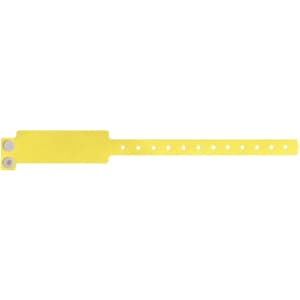 A yellow disposable PVC wristband with multiple holes for adjustable sizing and a branded logo.