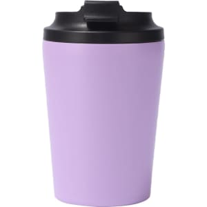 A powder-coated stainless steel coffee mug in lavender with a black lid and a logo.