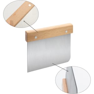 A beechwood handle flour cutter with a stainless steel blade, featuring a rounded edge and a logo on the handle.