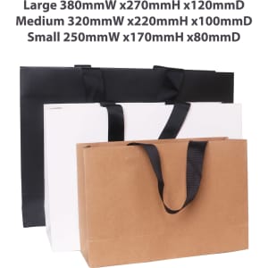 Medium paper bag in black, white, and brown with flat handles, featuring dimensions of 320 x 220 x 100mm.
