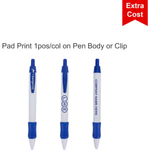 A promotional pen featuring a white body with blue accents and a logo. It has a click mechanism and a cushioned grip.