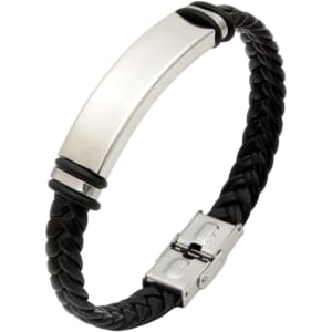 A black leather twine bracelet featuring a silver metal plate and a clasp closure. It has a sleek braided design.