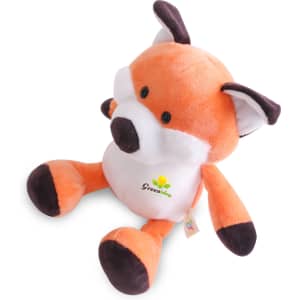 A plush toy fox in orange and white, featuring black accents and a small logo on its belly.