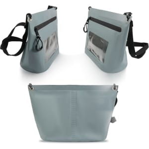 A light blue PVC crossbody phone bag featuring a clear front pocket and an adjustable strap, with a logo.