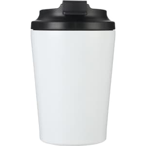 A 350ML spray painted stainless steel coffee mug in white with a black lid and a visible logo.