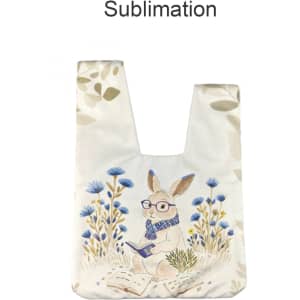 A sublimation wrist bag featuring a rabbit illustration among blue flowers on a white background. It has a logo.