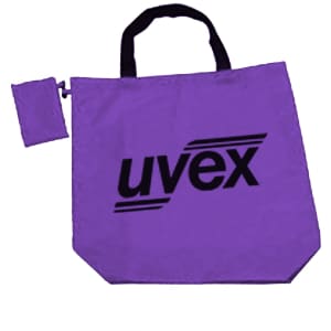 A purple foldaway shopping bag with black handles and a matching clip. The bag features a logo.
