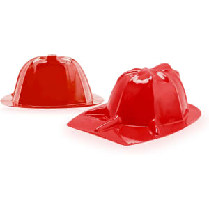 Red PVC fire chief hats are displayed, featuring shiny surfaces and classic fireman helmet shapes. One hat is shown upright, another is tilted.
