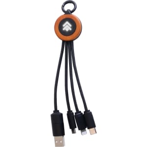A round light-up charging cable in black with multiple connectors and a logo on the circular attachment.