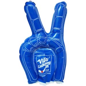 A blue inflatable hand in a peace sign gesture, featuring a logo on the palm.