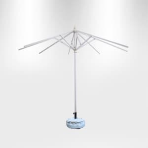 A 3x3m round commercial market umbrella with a white frame and blue base, featuring a logo on the base.