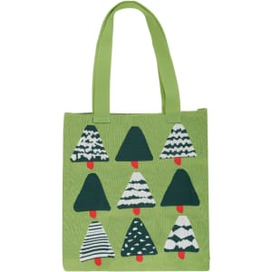 A green knitted tote bag featuring a pattern of Christmas trees in varying shades of green and white. It has two handles and a logo.