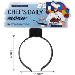 A promotional light-up acrylic sign headband featuring a chef and a menu design, primarily in blue and black colours.