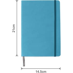 A5 PU cover notebook in vibrant blue with an elastic band closure and ribbon bookmark. Features a logo on the cover.