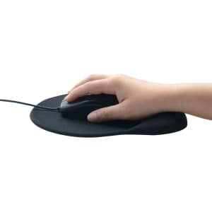 A black mouse mat with a hand holding a black computer mouse, featuring a smooth surface.