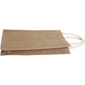 A jute double wine carrier in tan with white handles, featuring a clear window to display the contents.