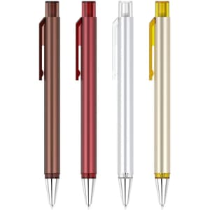 Four plastic pens in brown, red, clear, and yellow, each with a clip and a metallic tip. The pens feature various colours.