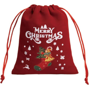 A red drawstring gift bag featuring festive Christmas graphics, including a stocking and holiday symbols.