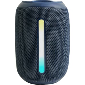 A waterproof Bluetooth speaker in navy blue with an illuminated vertical stripe, featuring a textured fabric surface and a logo.