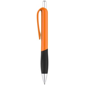A plastic pen with a bright orange barrel and black grip, featuring a silver accent and a branded logo.