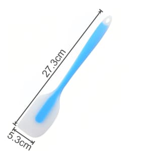 A silicone spatula with a blue handle and a white spatula head, measuring 27.3 cm by 5.3 cm.