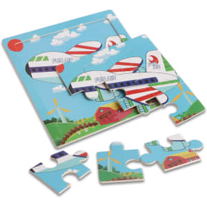 A set of colourful wooden jigsaw puzzle pieces featuring a plane and landscape, with a branding logo present.