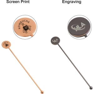 A stainless steel cocktail drink stirrer in rose gold and black, featuring branding on the circular end.
