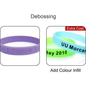 Two silicone wristbands: one purple with debossed text, and one green with text, both featuring a colour fill option.