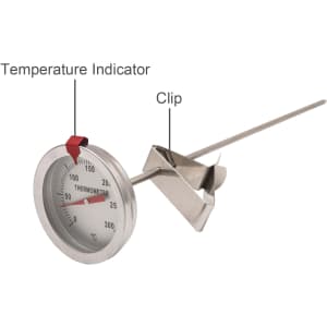 A stainless steel deep fry thermometer with a round temperature indicator and a metal clip for attachment.