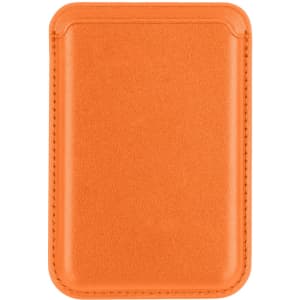 An orange PU magnetic phone card holder with a sleek design and a smooth finish, featuring a logo.