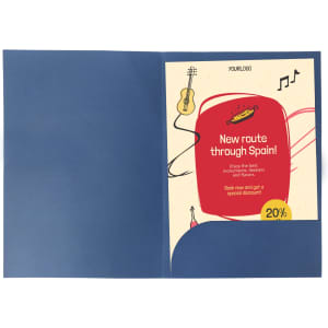 A navy A4 presentation folder with a logo and a promotional insert featuring a discount offer and illustrations.