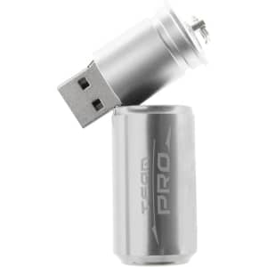 A silver can-shaped flash drive with a USB connector partially extended. It features a logo on the surface.