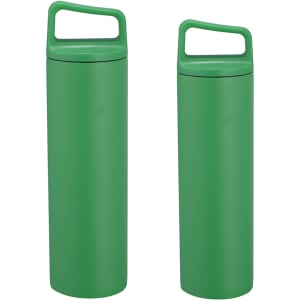 A drink bottle in vibrant green, featuring a handle, with two sizes: 500ML and 600ML.