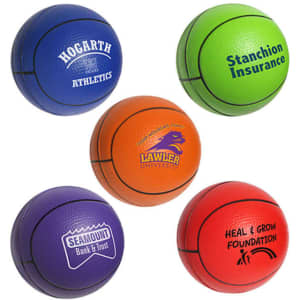 A collection of 63mm basketball-shaped stress relievers in blue, green, orange, purple, and red, featuring various logos.