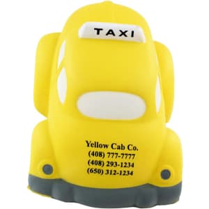 A yellow taxi-shaped stress reliever with a grey base and a logo on the side.