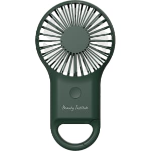 A green carabiner mini fan with an LED light, featuring a branding logo on the front.
